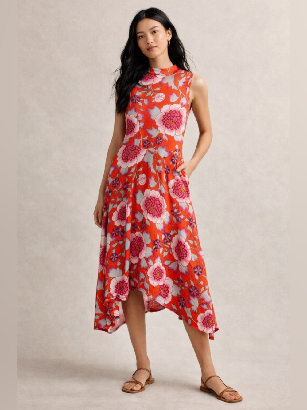 Maeve Anthro Floral Mock Neck Midi Dress Handkerchief Hem Pockets Garden Party